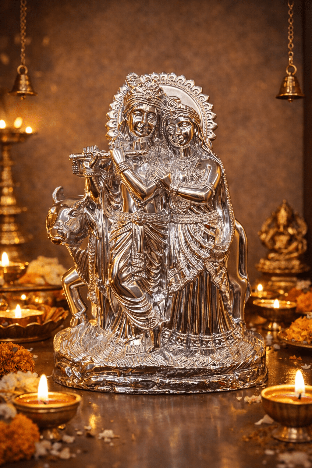 Radha Krishna Silver-Finish Embossed Wall Hanging Idol (32 cm x 19 cm)