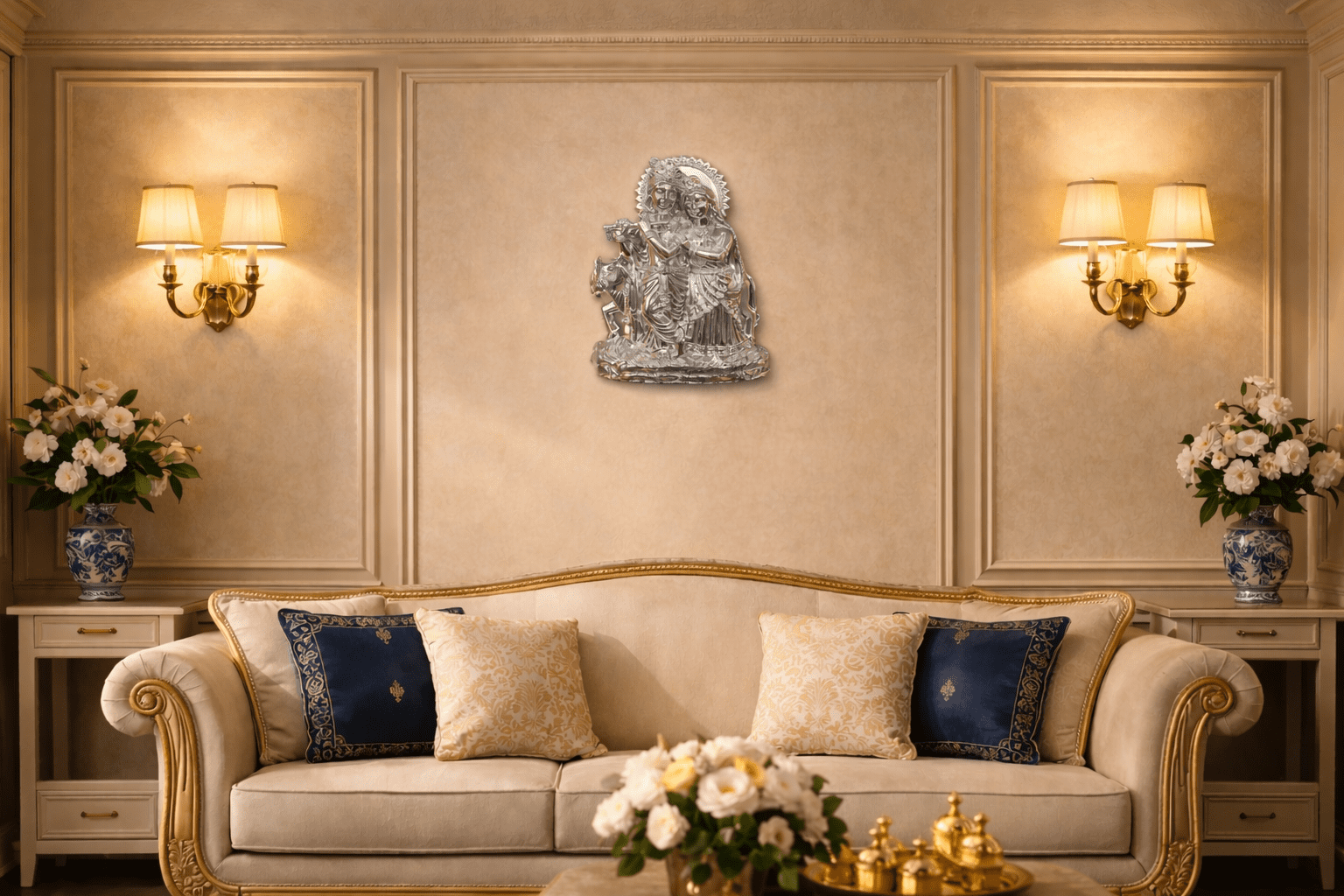 Radha Krishna Silver-Finish Embossed Wall Hanging Idol (32 cm x 19 cm)