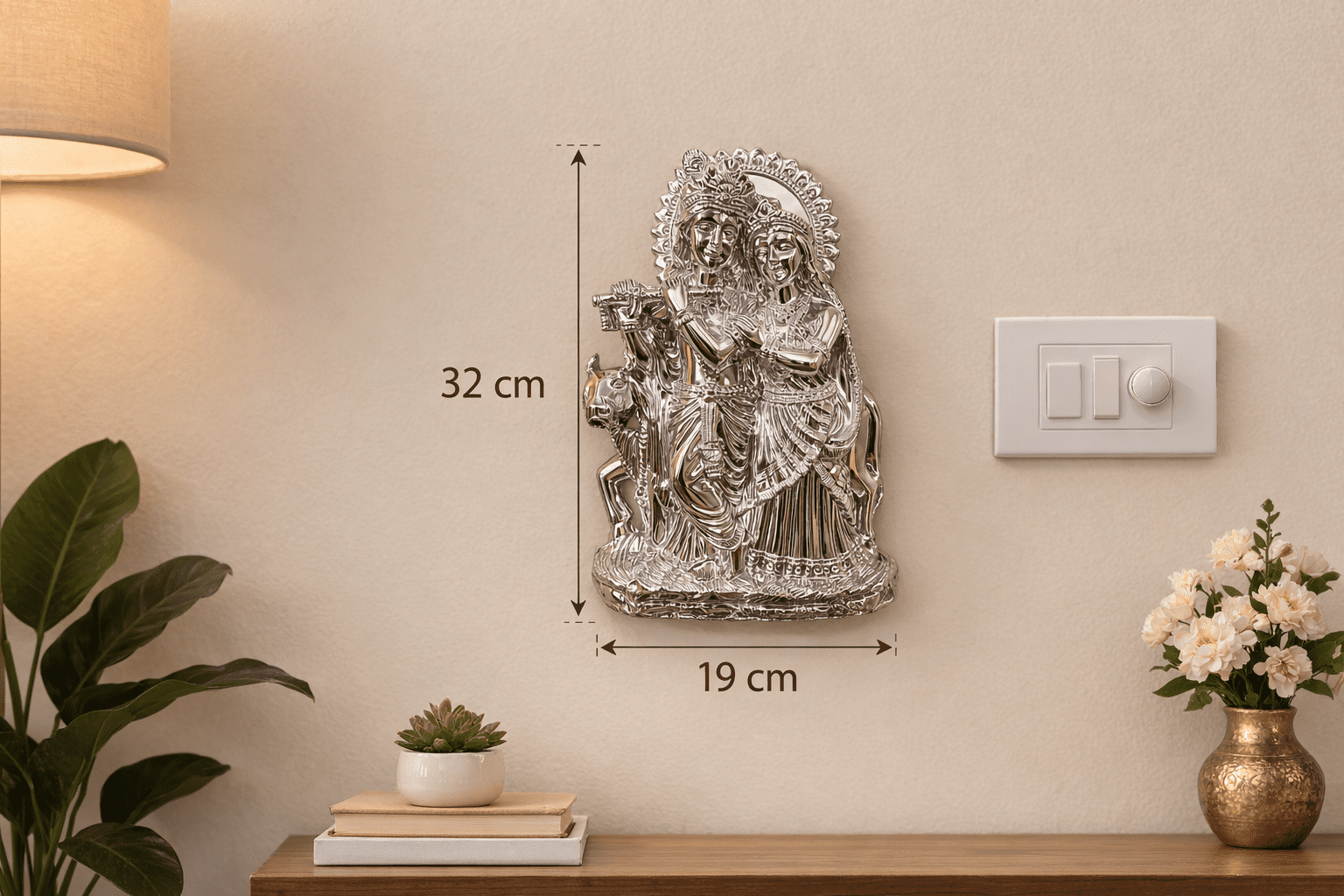 Radha Krishna Silver-Finish Embossed Wall Hanging Idol (32 cm x 19 cm)
