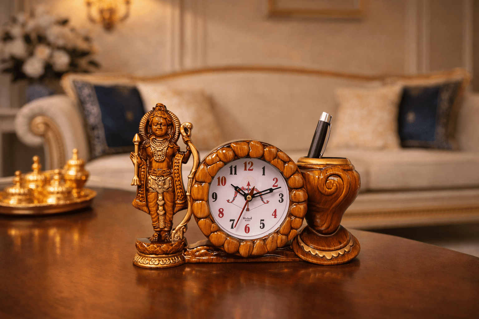 Lord Ram Religious Desk Organiser with Analog Clock and Pen Holder