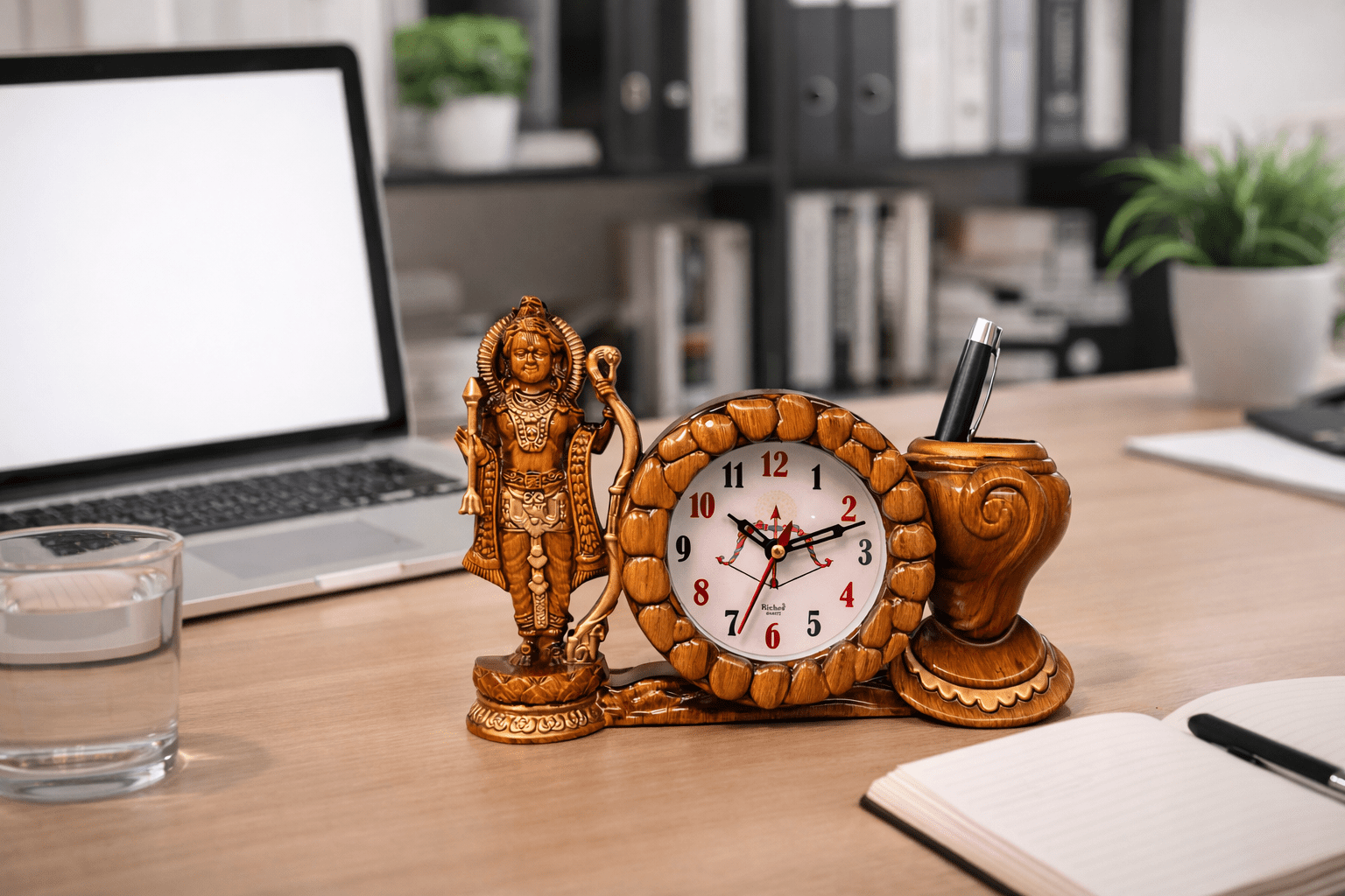 Lord Ram Religious Desk Organiser with Analog Clock and Pen Holder