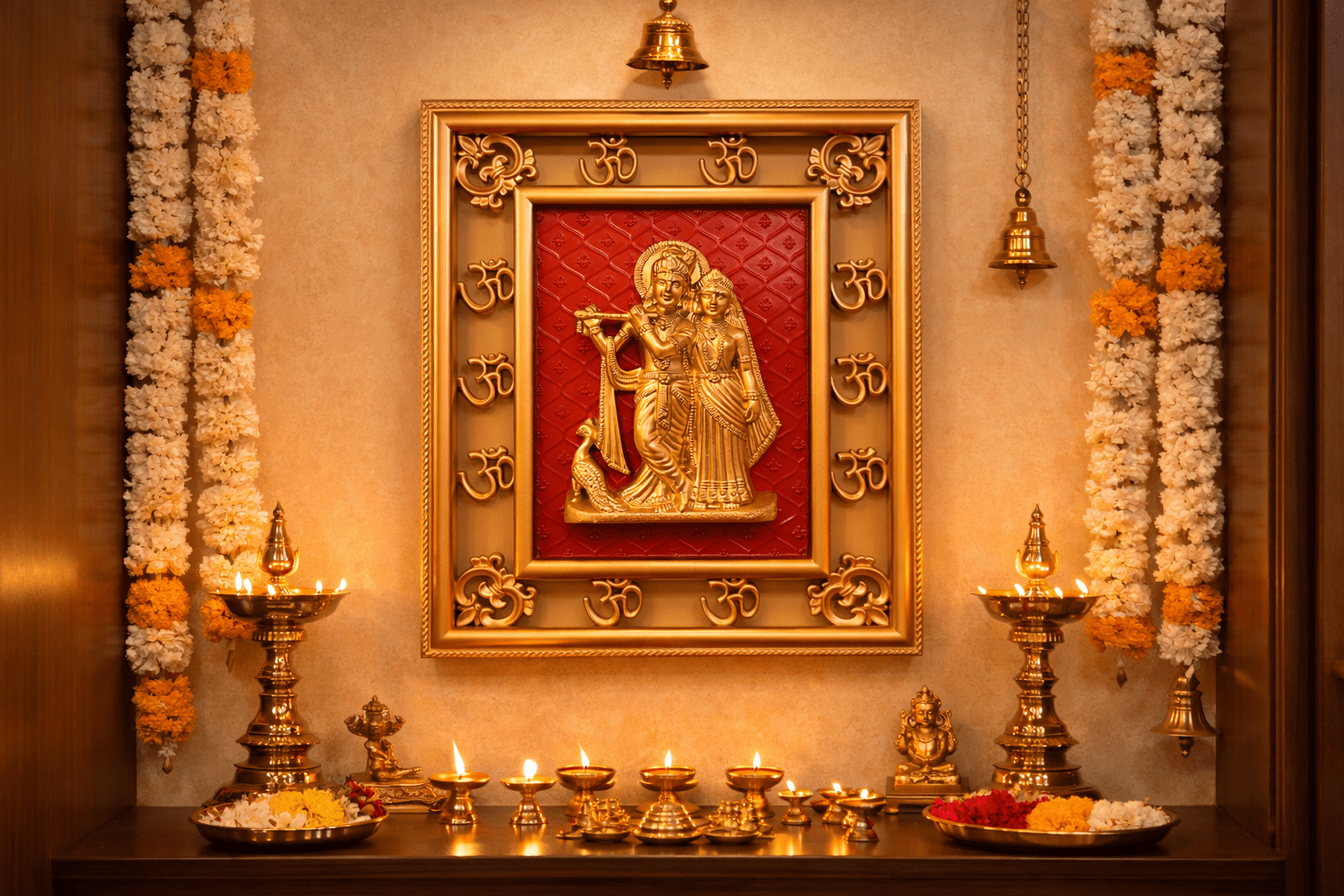 Radha Krishna Wall Hanging Frame with Om Border (32 cm x 25 cm)