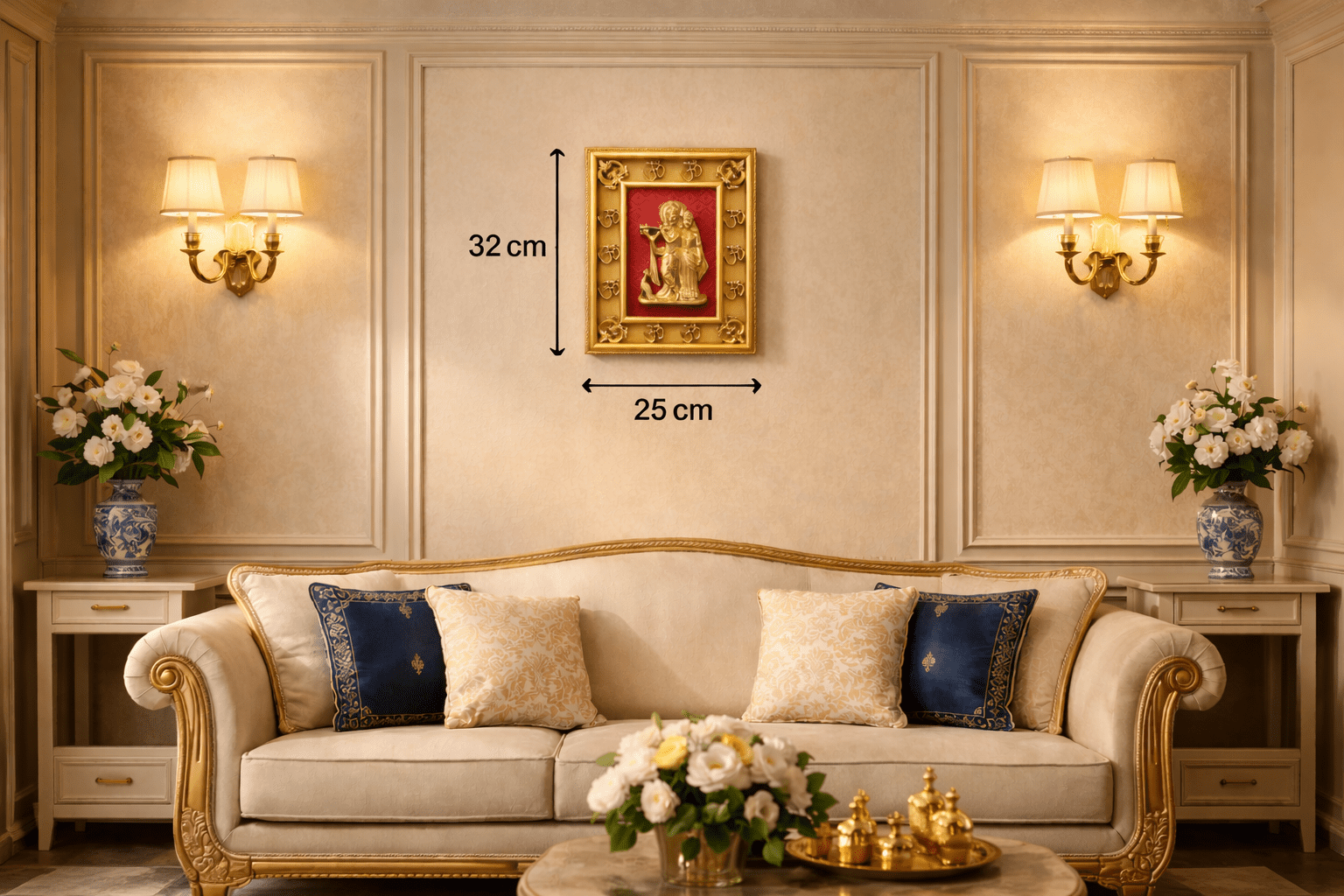 Radha Krishna Wall Hanging Frame with Om Border (32 cm x 25 cm)