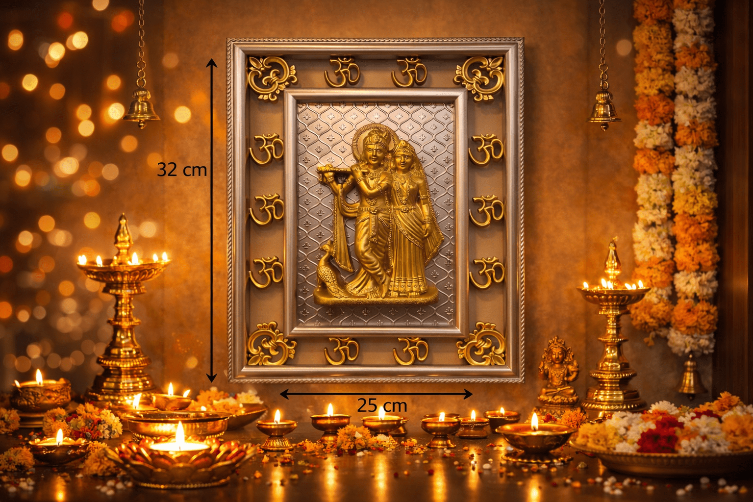 Radha Krishna Wall Hanging Frame with Om Border (32 cm x 25 cm)