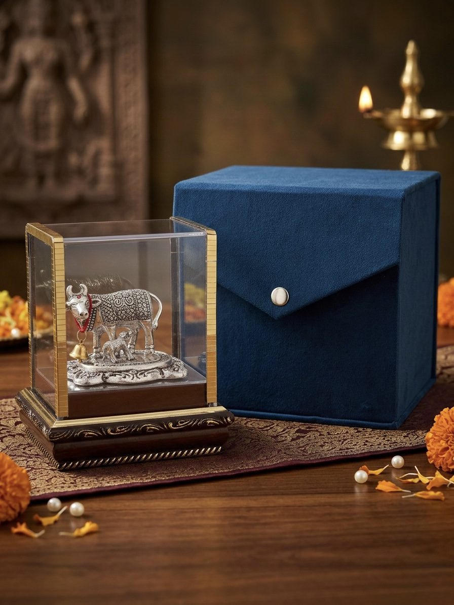 Decorative Kamdhenu Cow and Calf Idol with Glass Display Case on Wooden Base