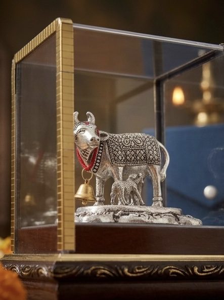 Decorative Kamdhenu Cow and Calf Idol with Glass Display Case on Wooden Base