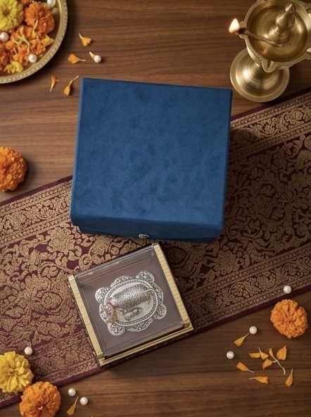 Decorative Kamdhenu Cow and Calf Idol with Glass Display Case on Wooden Base